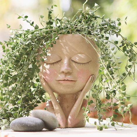 Pot de fleurs en forme de tête, pot pour plantes succulentes, joli pot en résine pour cactus avec trou de drainage, yeux fermés (1/5)