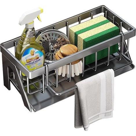 Porta spugna per lavello da cucina, porta spugna per lavello, contenitore per lavello, organizer per lavello in acciaio inox, scarico automatico, per cucina e bagno (1/5)