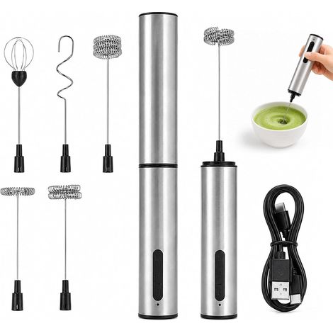Mousseur à Lait électrique: Portable Mini Fouet Electrique, USB-C Rechargeable Mousseur à Main Sans Fil Avec 3 Vitesses Et 5 Embouts Pour Café, Cappuccino, Latte, Matcha (Argent) (1/5)