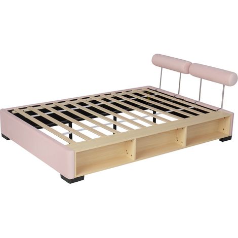 Cama tapizada infantil rosa 140x200 cm con estante lateral LED y almacenaje abierto HOMVRA (1/5)