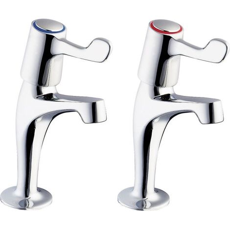 Hot Cold Long Lever Kitchen Sink Pillar Taps Chrome Plated 1/2"" Outlet - Pair