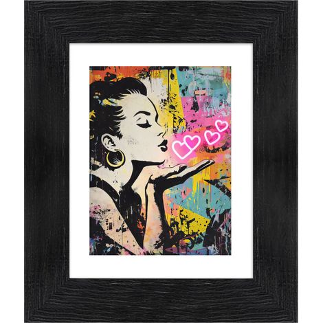 Affiche d'artiste encadrée femme aux coeurs rose 40x50 cm (1/4)