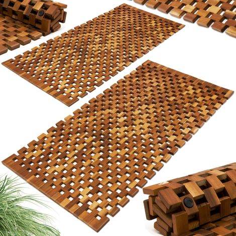 DEUBA® Set of 2 Wooden Bath Mats  Rectangular Duckboards  Luxury FSC® Certified Acacia Wood  Non Slip Bathroom Spa Shower Sauna Steamer Mats  Mosaic Design  80 x 50cm