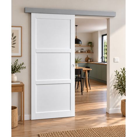 Porte Coulissante Korya Blanc 3 Panneaux H204 X L93 Cm, Rail Alu, Coquilles Blanc Gd Menuiseries (1/3)