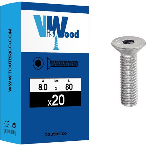 20 vis métaux 8x80mm fraisée Hexcreuse inox A2 Viswood