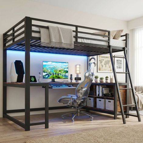 Lit mezzanine 120 x 200 cm avec bureau gaming 3 côtés, LED, prise EU et tablette clavier, lit en métal noir et bois avec rangements (1/5)