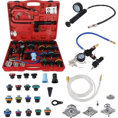 Kit per il test della pressione del liquido di raffreddamento, set di adattatori da 17 pezzi, strumento per il riempimento sottovuoto, intervallo di pressione 0-30 PSI, misurazione della temperatura f (1/5)