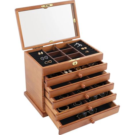 Caja para guardar joyas, fabricada en MDF y madera, diseño de 6 niveles, cajones de tamaños versátiles, diseño duradero y elegante, forro de terciopelo suave. (1/5)