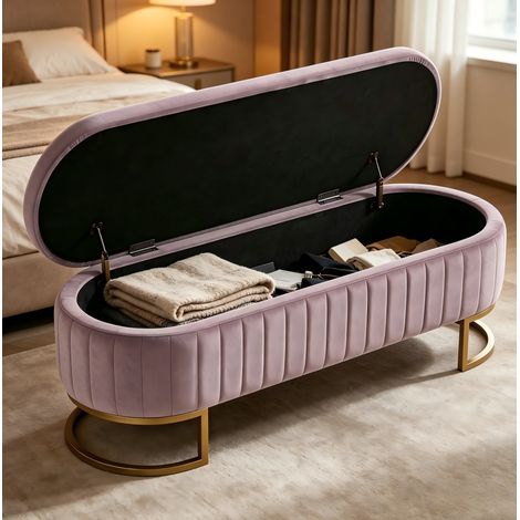 Banca Contenitore in Velluto, Vano Portaoggetti, Piedi in Metallo Dorato, Trapuntatura Verticale, Rosa 131 x 44 x 31 cm (1/5)