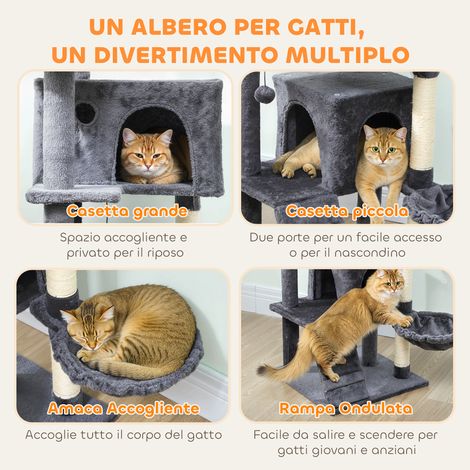 Arbre à chat de 140 cm de haut avec 2 niches. un couchage et un hamac pour 2 à 3 chats. revêtement peluche. gris (1/5)