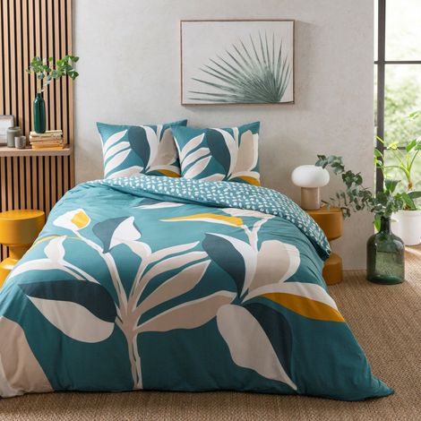 Parure de lit 2 personnes réversible 100% coton bleu vert – Motif tropical feuilles – 260x240cm – 2 taies d'oreiller 63x63cm – Future Home