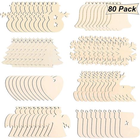 80 piezas de colgantes de madera para decoración de árboles de Navidad, 8 tipos de colgantes de madera para manualidades, colgadores de decoración compatibles con pintura, bricolaje navideño (1/5)