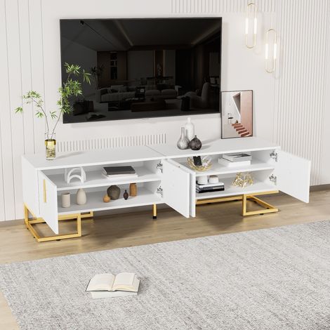 Meuble TV bas avec portes texturées, meuble lowboard doré, poignées et pieds en or, armoire télévision moderne pour salon. (1/5)