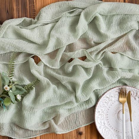 Chemin de table en mousseline d'eucalyptus vert - 300 x 80 cm - En gaze rustique - Lavable (1/5)