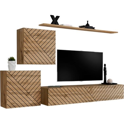 Set di mobili da soggiorno design SWITCH V, colore quercia wotan con finiture fresate.