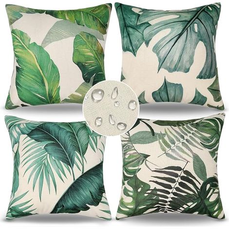 Outdoor Cushion Cover Waterproof Cushion Cover 40 x 40 cm Sofa Summer Decorative Set of 4 Modern Linen Cushion Covers for Living Room, Garden, Patio, Terrace Decor (Green Leaf B) (1/4)