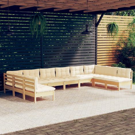 Salon de jardin 10 pcs,Mobilier de terrasse,Table et Chaise pour Relax avec coussins crème Bois de pin massif -YZ605191 (1/5)