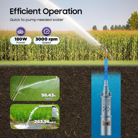 Pompe de puits profond, 180 W CC en acier inoxydable, avec câble d'alimentation de 17 m, hauteur de refoulement 30 m, diamètre de sortie de 2,5 m, pour l'industrie, l'arrosage et la maison (1/5)
