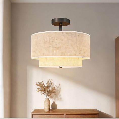 Suspension 40 cm en métal blanc crème avec abat-jour en lin (1/5)