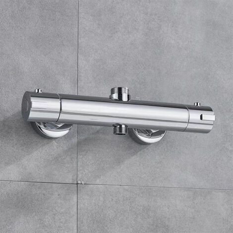 Duschmischer, Thermostat-Duschmischer mit 2 Ausgängen, oberer Ausgang 3/4" BSP (26,4 mm) und unterer Ausgang 1/2" BSP (21 mm), runde Form, Messing, Chrom-Finish