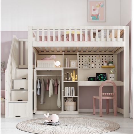 Lit mezzanine blanc 90x200 cm en bois avec bureau, armoire, étagères et prises USB/USB-C (1/5)