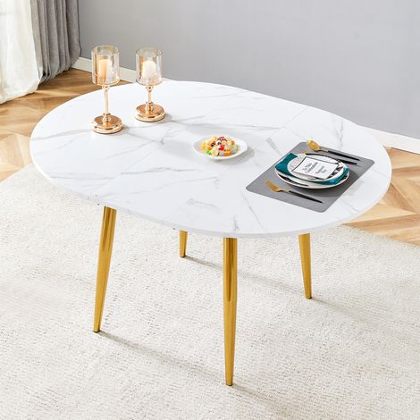 Table de salle à manger ronde extensible 107-137 cm, plateau arrondi, pieds métal, MDF blanc pour salon (1/5)