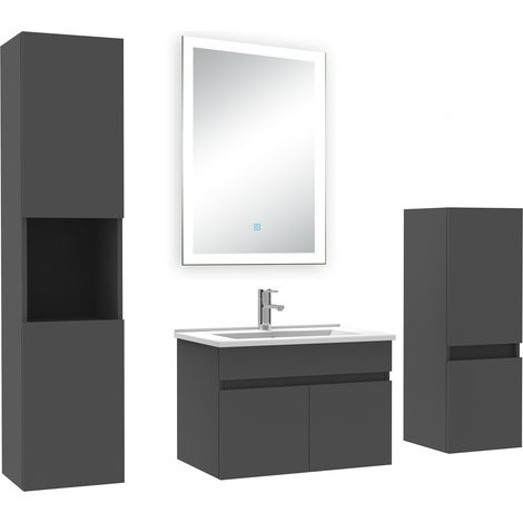 Ocean Ensemble meuble Salle de Bain 60cm avec simple vasque + colonne + miroir lumineux dimmable anthracite (1/5)