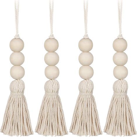 Lot de 4 perles à pompons en bois pour poignée de porte de placard - Décoration murale décorative - Pompon - Pendentif pour armoire, porche (1/5)