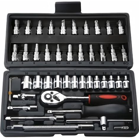 Lot de 46 outils - Clé à cliquet - Embouts de tournevis à douille métrique - Convient pour automobile, moto, vélo (1/5)