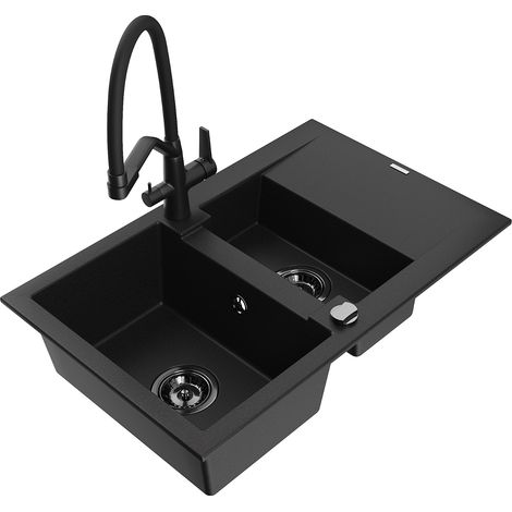 Mexen Gaspar 1,5-Becken-Granitspüle mit Abtropffläche und Mischbatterie Duo, Schwarz - 6507-77-67170