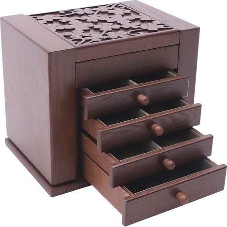 Joyero grande de madera con múltiples compartimentos, color marrón. (1/2)