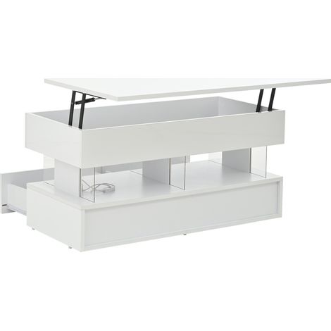 Table basse blanche MDF avec plateau relevable, 2 tiroirs et éclairage LED contrôlé par application, 100 x 50 x 46 cm (1/5)