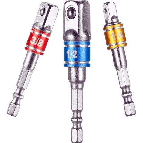 Adaptateur porte-douille sur perceuse/visseuse à percussion. Ensemble de 3 adaptateurs de mandrin à pointe carrée 1/4", 1/2", 3/8" chrome vanadium (1/5)