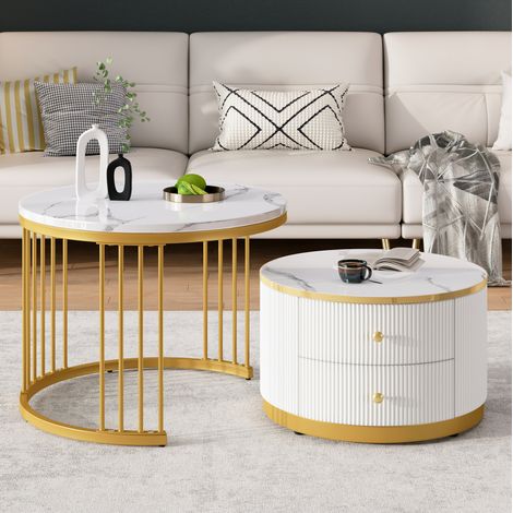 Set di 2 tavolini bassi rotondi gigogne bianchi con 2 cassetti MDF MEUBLIV (1/5)