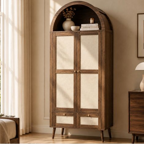 Armadio 2 ante con 2 cassetti, appendiabiti e vano a giorno, 80x55x180 cm, noce e beige, OKMYHOME (1/5)