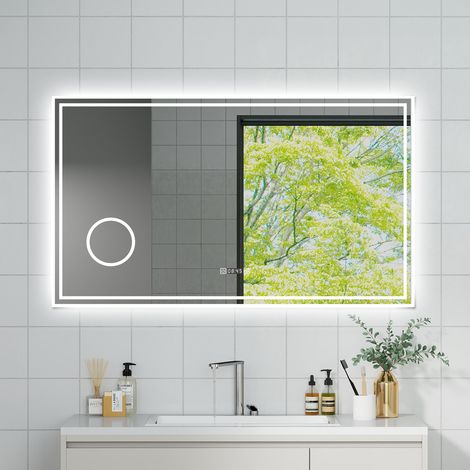 OCEAN Specchio da bagno con LED 120x70cm,Lente d'ingrandimento,Orologio,3 colori,Dimmerabile, Antiappannamento,Memoria,IP44, Vetro HD,Doppio interruttore,Orizzontale/Verticale (1/5)
