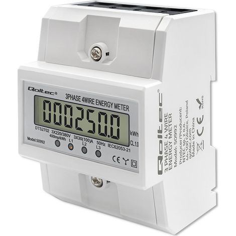 Contatore elettronico trifase Qoltec  Contatore di consumo energetico su guida DIN  400 V  100 A  LCD  4P (1/5)