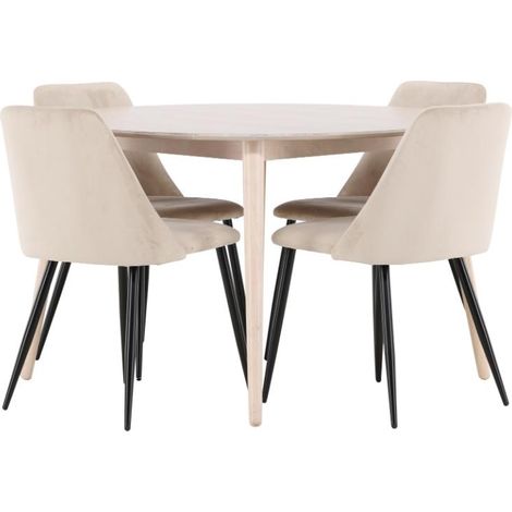 Flora Essgruppe Tisch Ø120cm und 4 Stühle whitewash, beige.