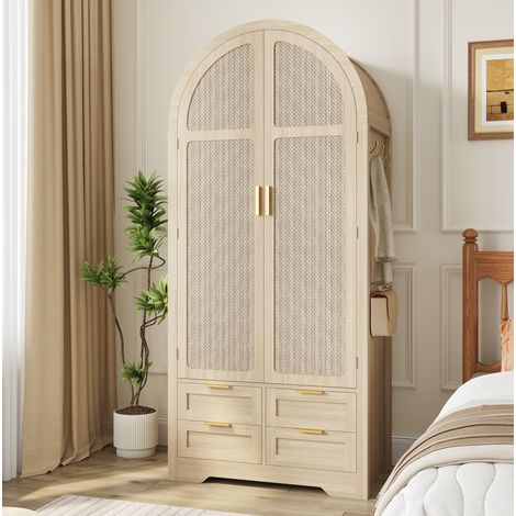 Kleiderschrank 80x50x179 cm Eiche MDF mit geschwungenen Türen, Rattanfront, Schubladen und Kleiderstange (1/5)