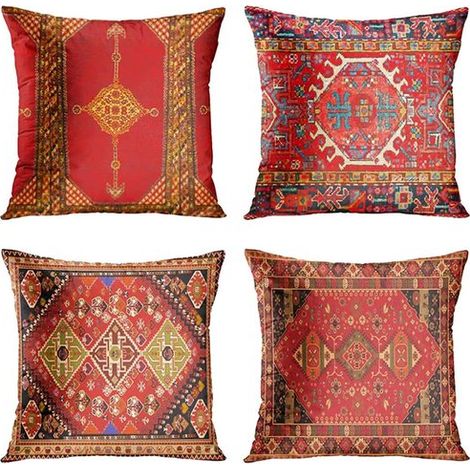 Ensemble de 4 housses de coussin - 45x45cm Motif géométrique persan, décoration tribale rouge colorée pour la maison ou l'extérieur (1/5)