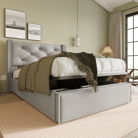 Lit simple 90x200cm avec sommier métallique, cadre moderne gris clair en coton, espace de rangement intégré, mécanisme hydraulique (matelas inclus)