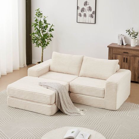 Canapé convertible 2 places en velours côtelé beige, canapé modulable avec fonction lit, méridienne amovible, 2 coussins et accoudoirs carrés (1/5)