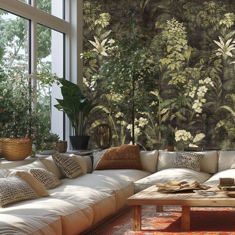 Fototapete Profhome 790155 heißgeprägte Vliestapete leicht strukturiert mit Blumen-Muster matt grün creme-weiß oliv-grau patina-grün 1,59 m x 2,8 m