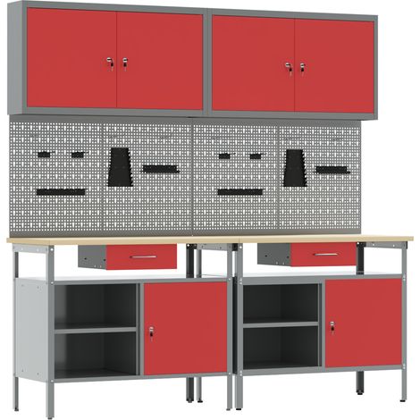 vidaXL Conjunto de banco de trabajo con cajón 8 pcs Rojo y Gris
