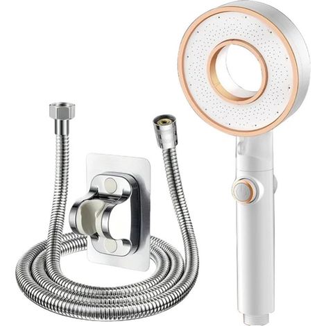 Pommeau de douche avec flexible et support mural - Douchette à main avec jet creux - Booster à trois vitesses - Accessoires de douche - Filtre - Flexible de 1,5 m - Blanc - 20 x 10 cm (1/5)