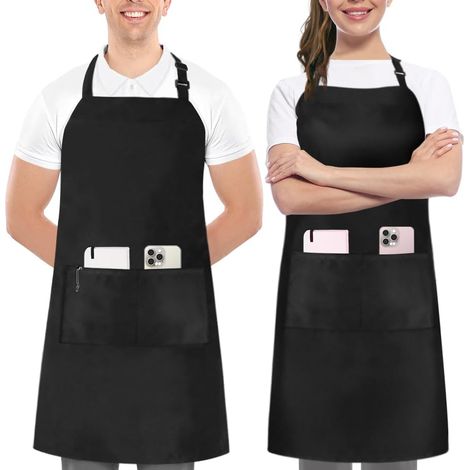 Tablier à bavette ajustable en deux parties avec 2 poches - Tablier professionnel pour restaurant et cuisine domestique 81 x 71 cm - Sangle de cou ajustable, noir (1/5)