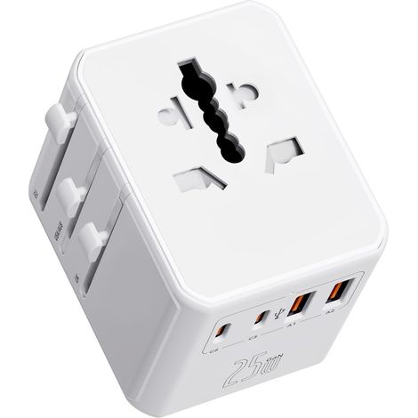 Universal-Reiseadapter mit 2 USB-C- und 2 USB-A-Anschlüssen, 25-W-PD-Schnellladefunktion, kompakt und leicht für Geschäfts- und Urlaubsreisen, Weiß (1/5)