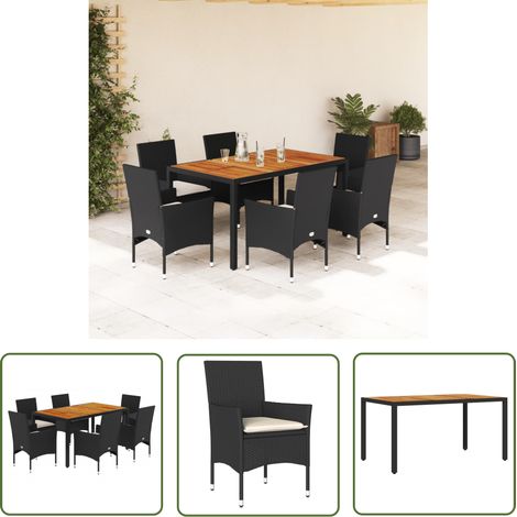 The Living Store Ensemble à manger de jardin et coussins 7pcs noir rotin acacia - Salon De Jardin - Mobilier De Jardin - Set De Salon De Jardin - Table De Jardin - Chaises De Jardin (1/5)