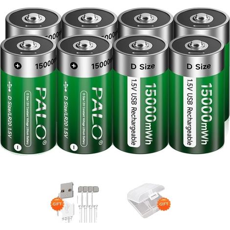 Batterie de taille D, lithium rechargeable, compatible avec la charge USB, 1.5V-d, 8pcs Pile D (1/2)