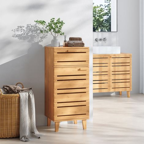 Mobiletto da Bagno Epind con Cassetto e 2 Scomparti Chiusi 75 x 33 x 30 cm - Bambù Naturale [en.casa] (1/5)